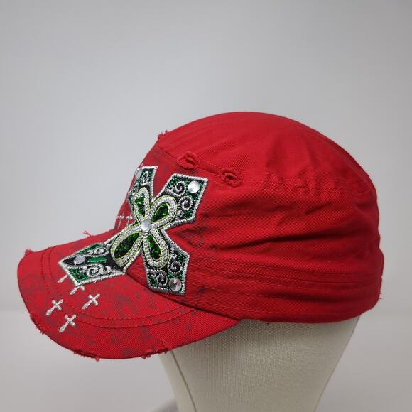 Cross Rhinestone Slideback Army Cap Red One Size Embroidered Leader - Picture 3 of 9